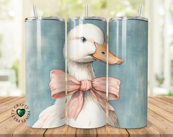 Coquette Anka med Rosa Rosett | Cottagecore Sublimation Tumbler Wrap | Trendigt Lantlig Chic Ankaporträtt på Blåklint Blå Akvarell PNG