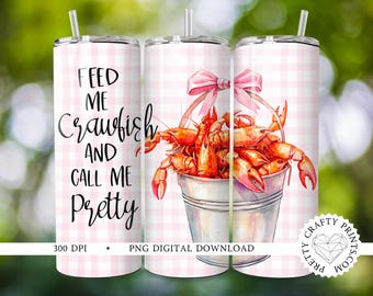 Feed Me Crawfish - Coquette Crawfish Tumbler Wrap | 20 oz PNG Digital Download | Pink Gingham Crawfish with Bow Design | Girly Crawfish Boil