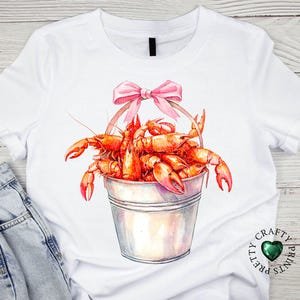 Cubo de cangrejos de río Coquette PNG - Cuadros rosas con lazo / Descarga digital con estética cajún sureña / Diseño de camiseta y sudadera con cangrejos de río hervidos