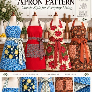 May include: A sewing pattern for an apron titled Mammy's Heirlooms, featuring four mannequins wearing aprons in blue lemon, red gingham, poinsettia, and brown floral prints. Includes text details on neck straps, waist ties, and pockets.