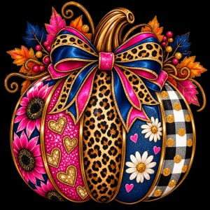 Könnte beinhalten: Eine dekorative Kürbisillustration mit einer großen Schleife in Leopardenmuster und Blau oben. Die Kürbissegmente zeigen pinke Sonnenblumen, glitzernde goldene Herzen auf pinkem Grund, Leopardenmuster, Jeansstoff mit Gänseblümchen sowie schwarz-weißes Karomuster.