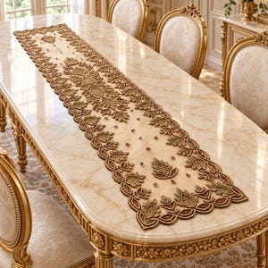 Saro Lifestyle Gold Beaded Table Runner 71x14 Luxe Sequin Mesh Floral Scalloped
