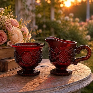 Peut inclure: Un pot à lait et un sucrier ouvert assortis en verre rouge profond, présentant un motif texturé de diamants et de cercles sur l'extérieur. Chaque pièce repose sur une base hexagonale et est fabriquée en verre pressé rubis translucide.