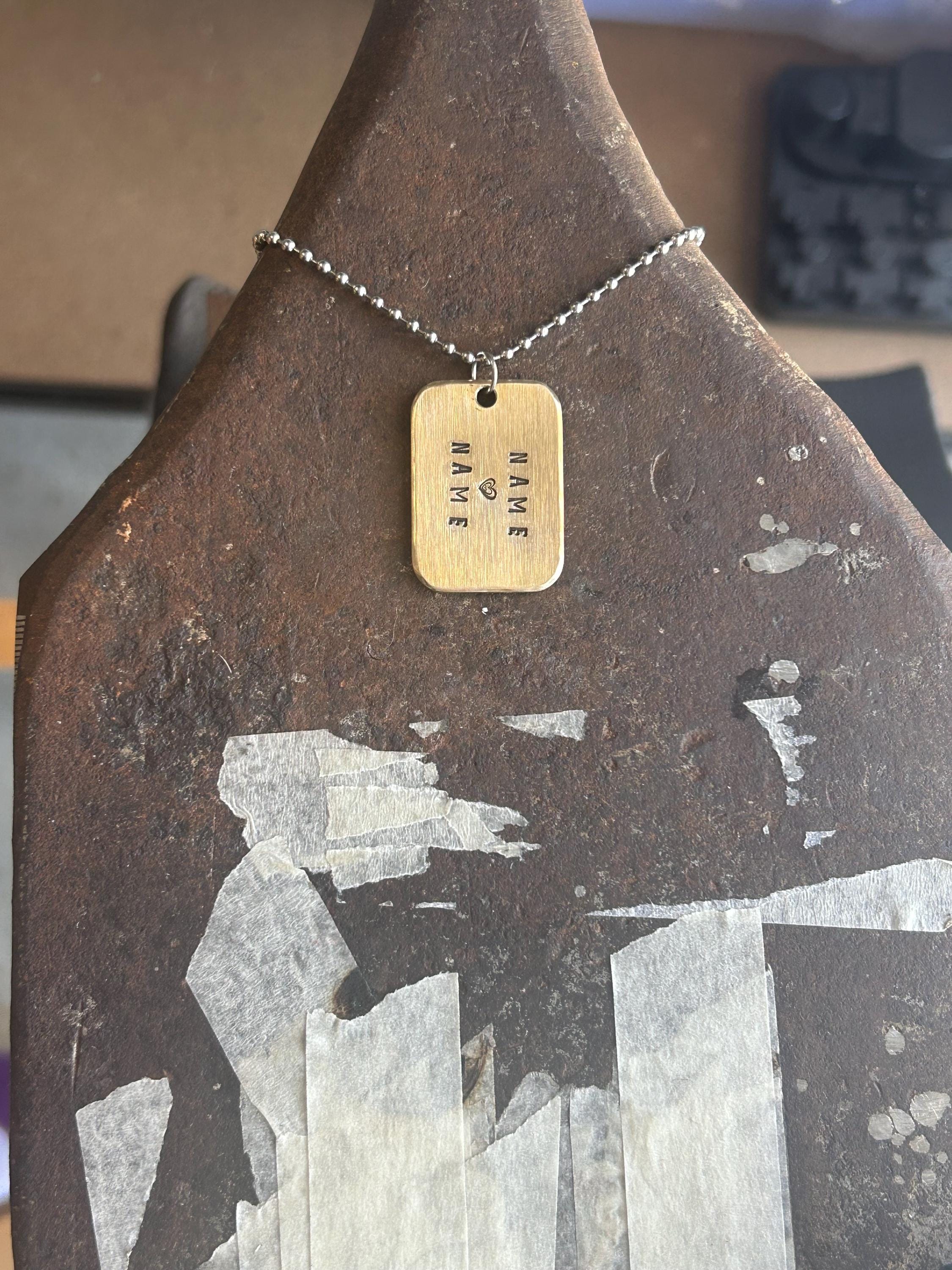 Old Skool Love Mini Tag Necklace, Personalised Couples Names, Worn Brass Pendant, Anniversary Gift, photograph 4