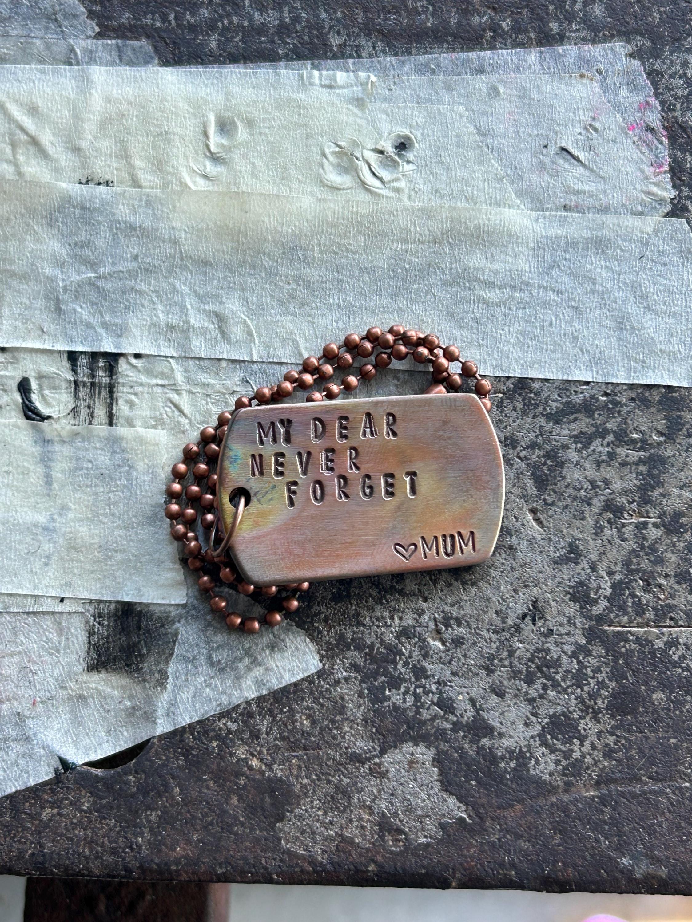 Personalised Copper Dog Tag Necklace, Rainbow Fire Patina, Custom Hand Stamped Message, Antique Copper Ball Chain, photograph 5