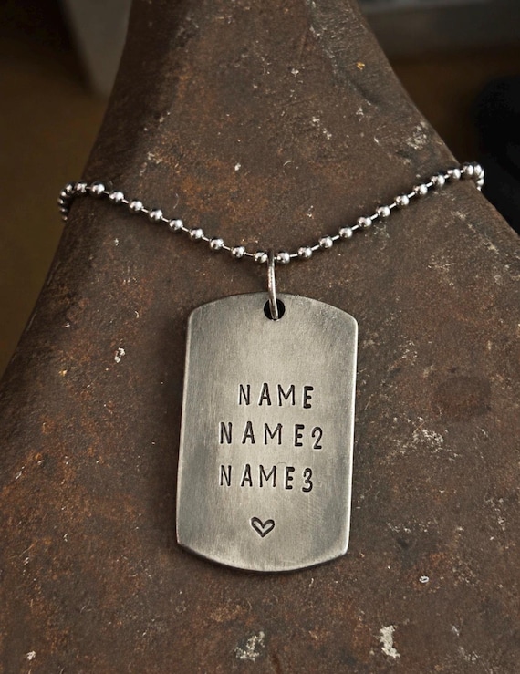 PREMIUM Hand Stamped Family Name Dog Tag Necklace – Custom Metal Pendant (Copper, Brass, Silver) Thick, photograph 1