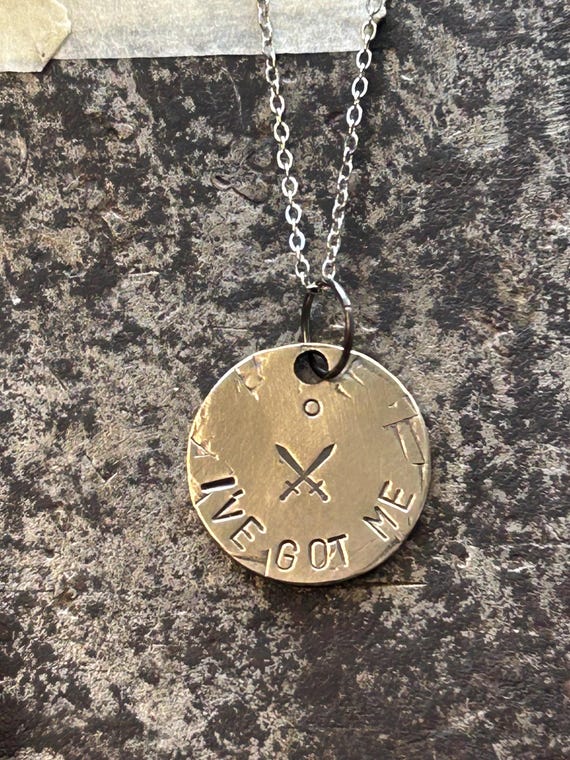 Handmade Brass Pendant Necklace, Crossed Swords, I've Got Me Strength Charm, photograph 1