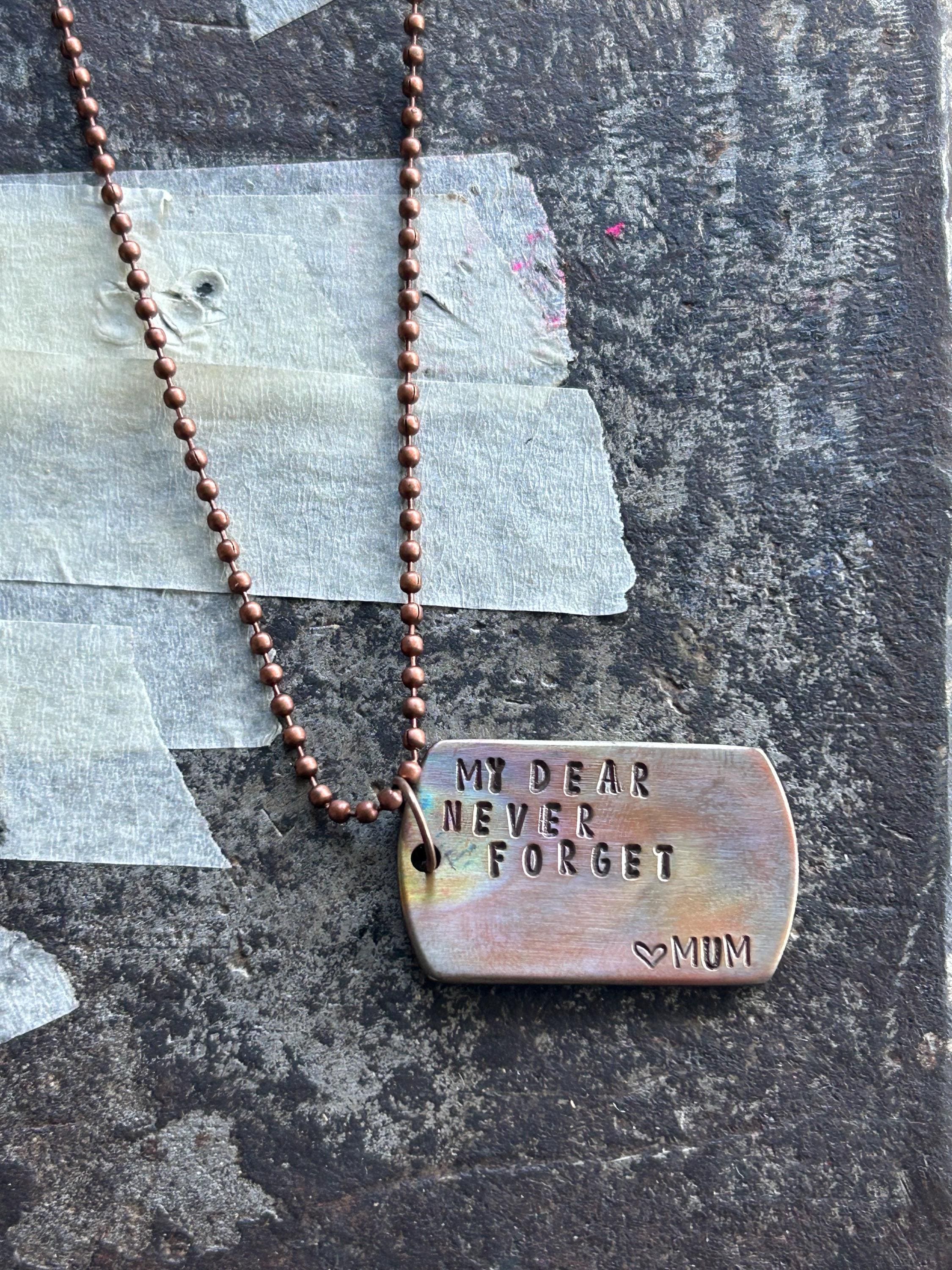 Personalised Copper Dog Tag Necklace, Rainbow Fire Patina, Custom Hand Stamped Message, Antique Copper Ball Chain, photograph 4