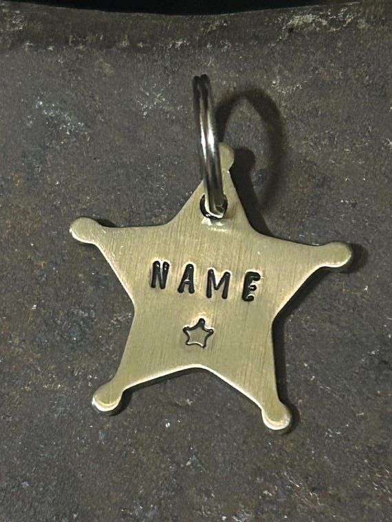 PREMIUM Hand-Stamped Brass Sheriff's Star Pet ID Tag, Western Style Dog Cat Nameplate, photograph 1