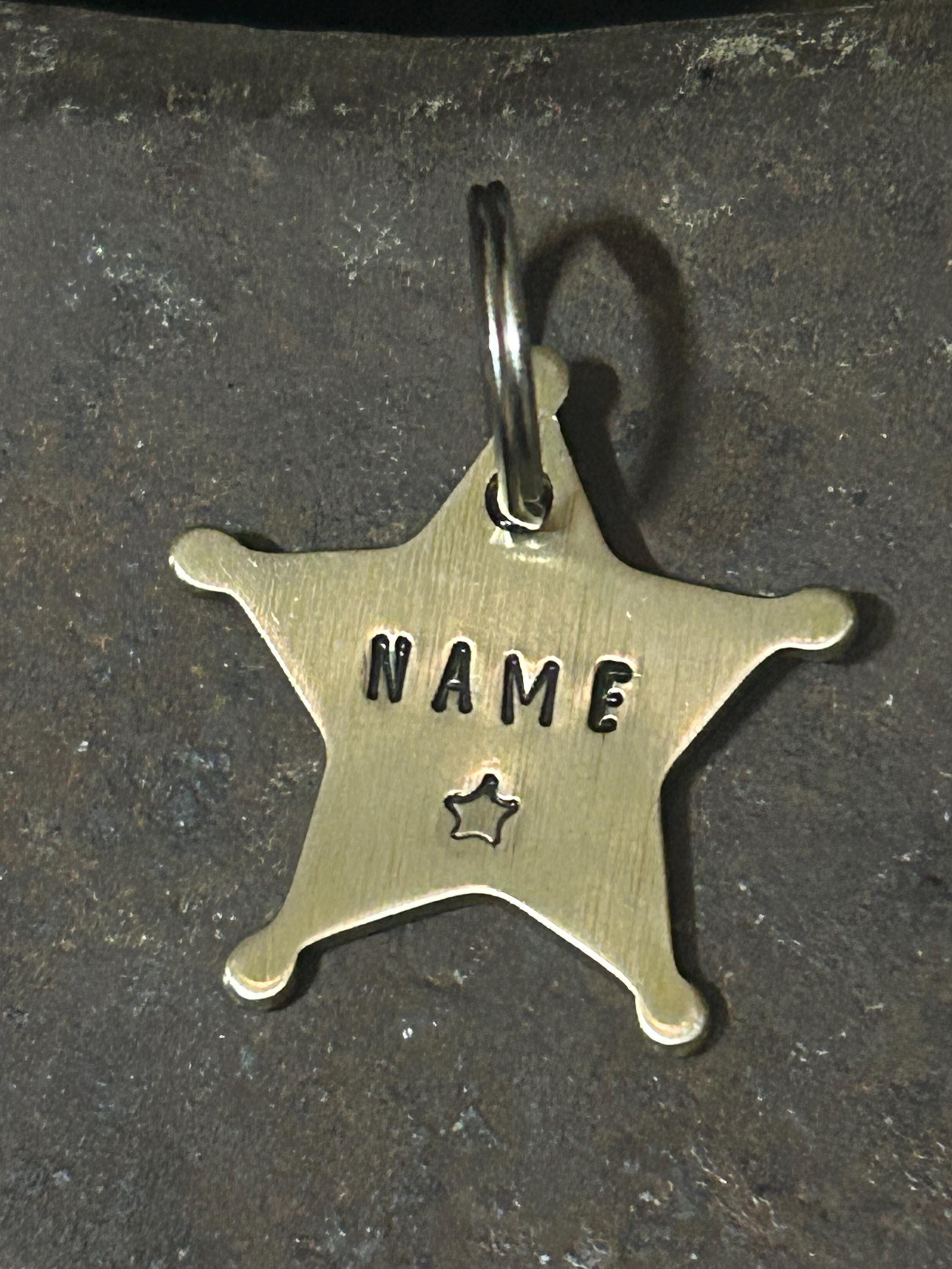 PREMIUM Hand-Stamped Brass Sheriff's Star Pet ID Tag, Western Style Dog Cat Nameplate, photograph 1