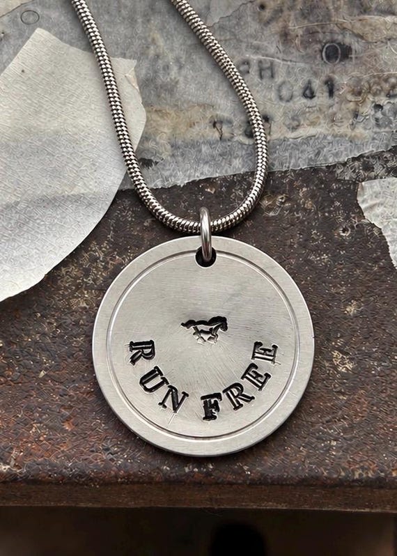 RUN FREE Horse Necklace, Hand Stamped Pendant on Snake Chain, Reiki Charged, Wild Spirit Gift, photograph 1
