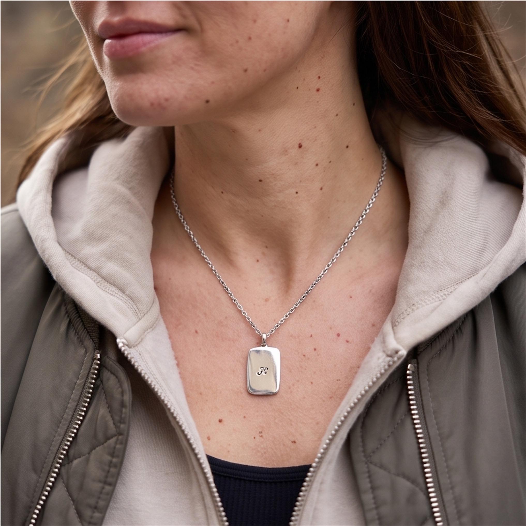 Hand-Stamped Sterling Silver Initial Dog Tag Pendant, Stainless Steel Chain, photograph 3