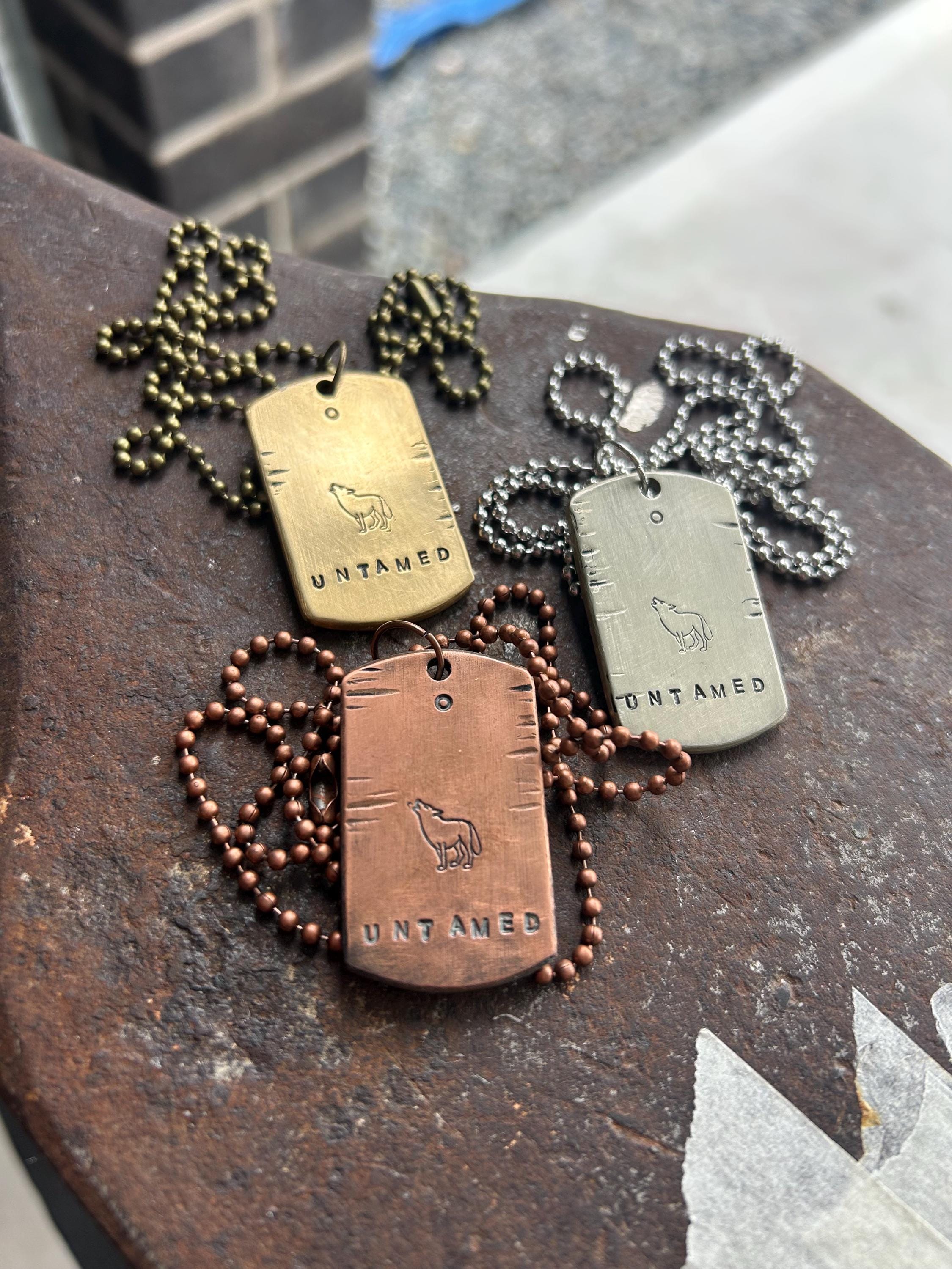 Hand Stamped Untamed Wolf Dog Tag Necklace, Reiki Charged Copper Brass Silver Pendant, Free Spirit Gift, photograph 4