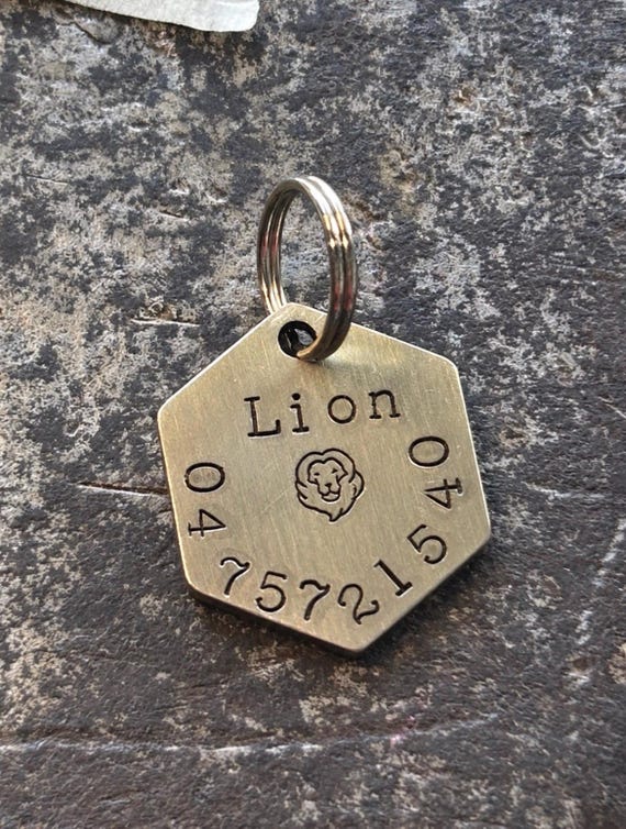 Thick Quality Hand Stamped Hexagon Pet ID Tag, Custom Name & Phone Number (Copper, Brass, Silver), photograph 1
