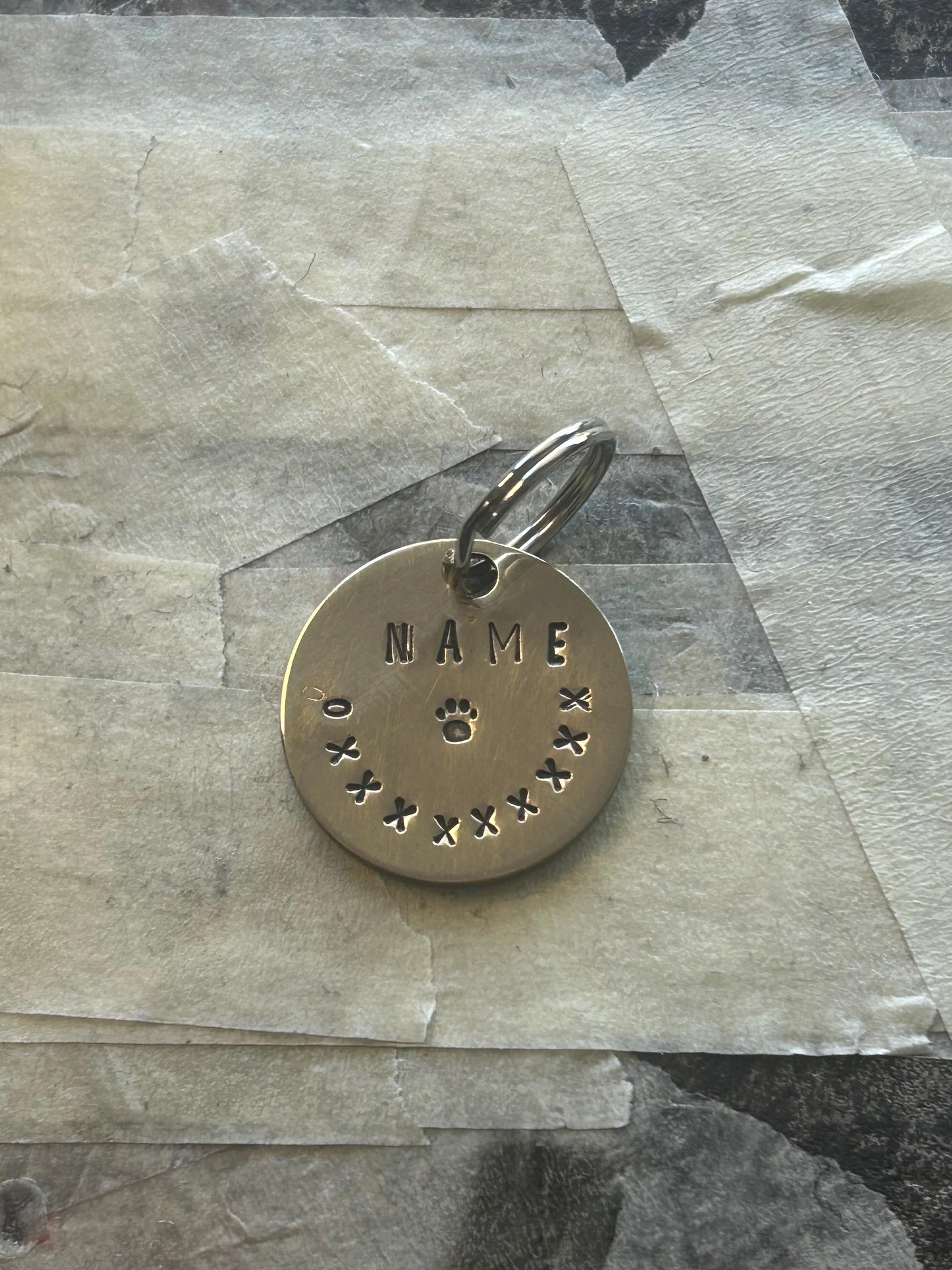 Thick Quality Hand Stamped Brass Pet ID Tag, Personalized Name & Phone, Peace Paw Daisy (25mm), photograph 1