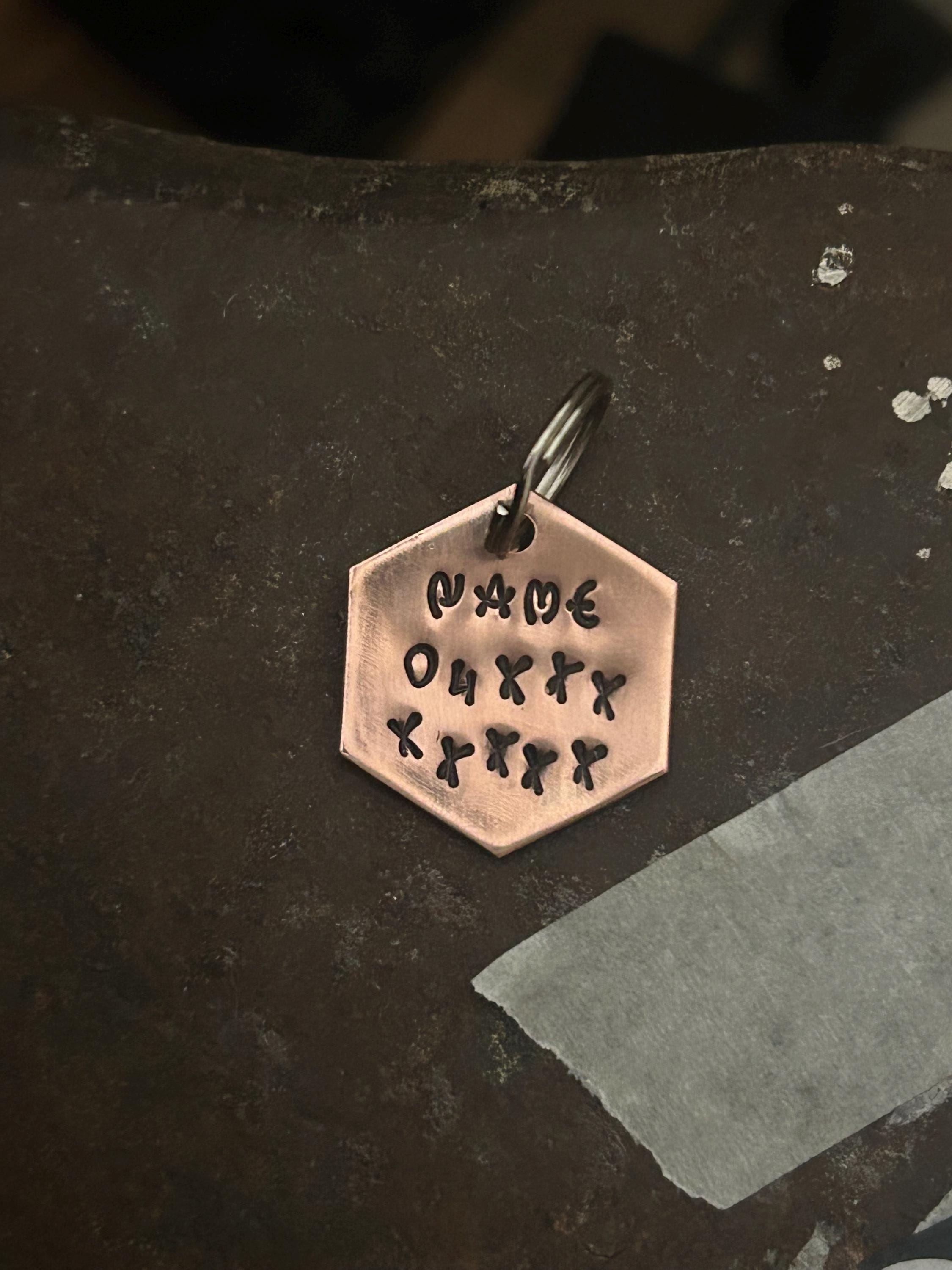 Handmade Copper Pet ID Tag, Hexagon Personalized Dog Cat Name Phone Number, photograph 2