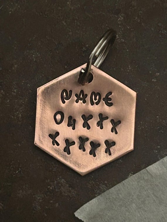 Handmade Copper Pet ID Tag, Hexagon Personalized Dog Cat Name Phone Number, photograph 1