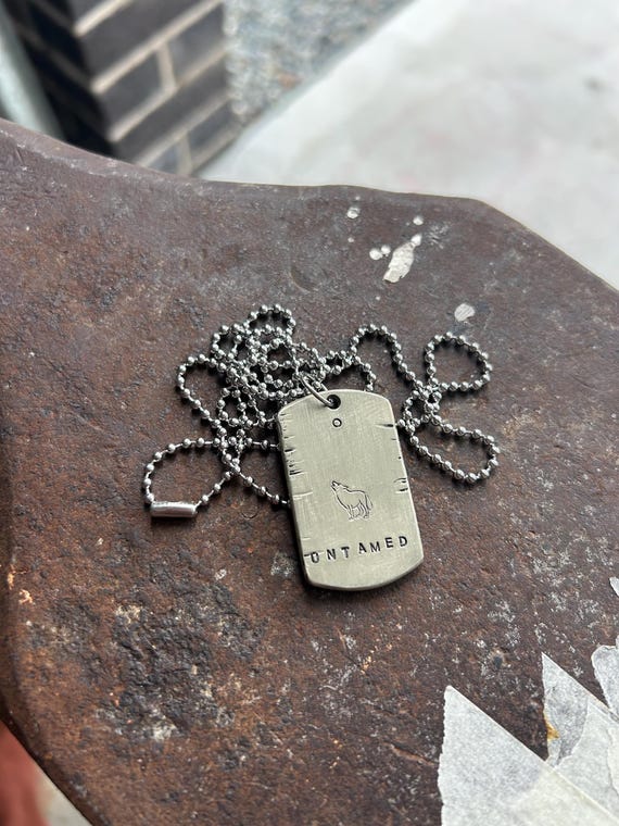 Hand Stamped Untamed Wolf Dog Tag Necklace, Reiki Charged Copper Brass Silver Pendant, Free Spirit Gift, photograph 1