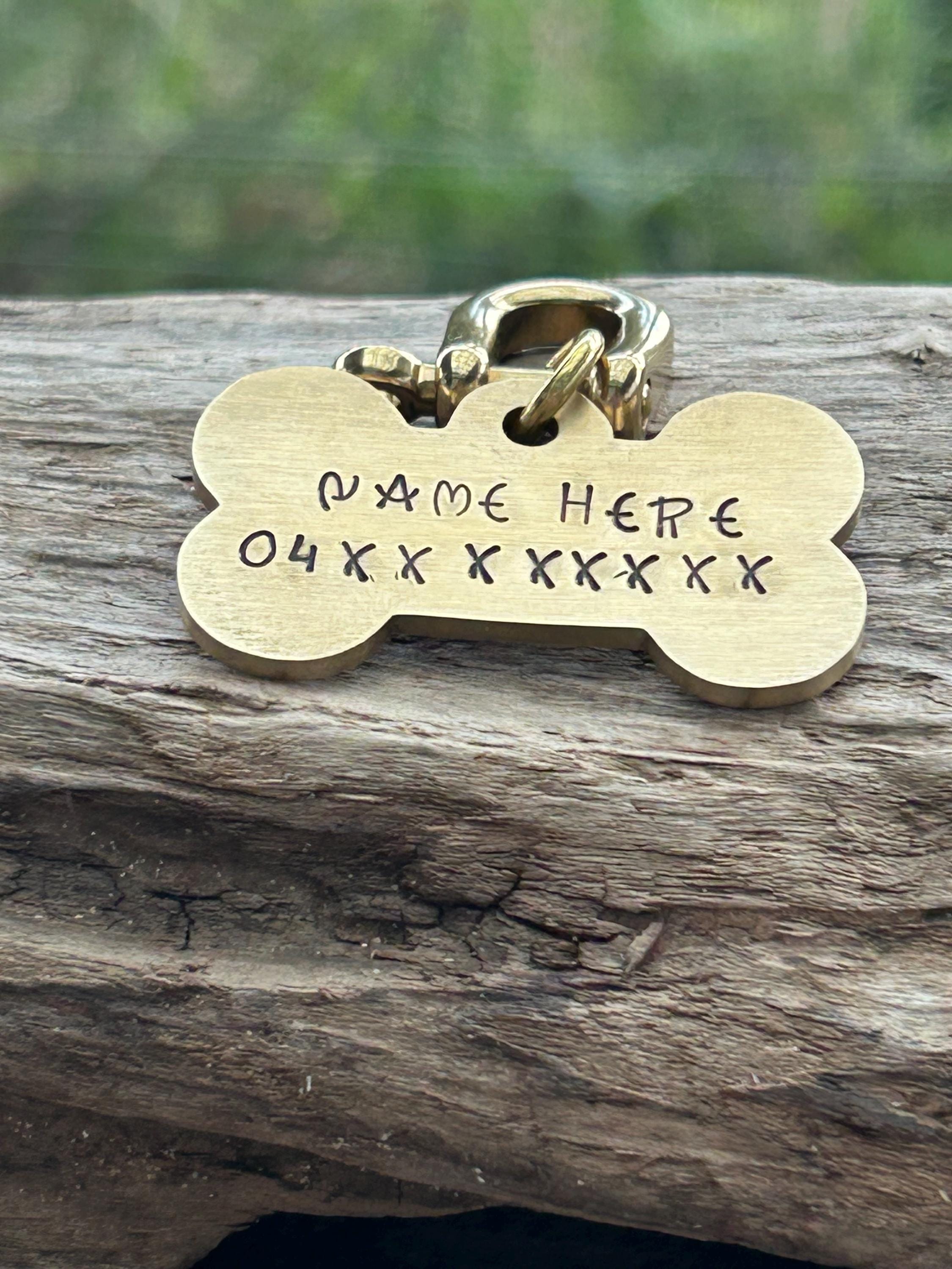 Bone Shaped Brass Dog Tag, Hand Stamped Pet ID with Name and Phone Number, photograph 6