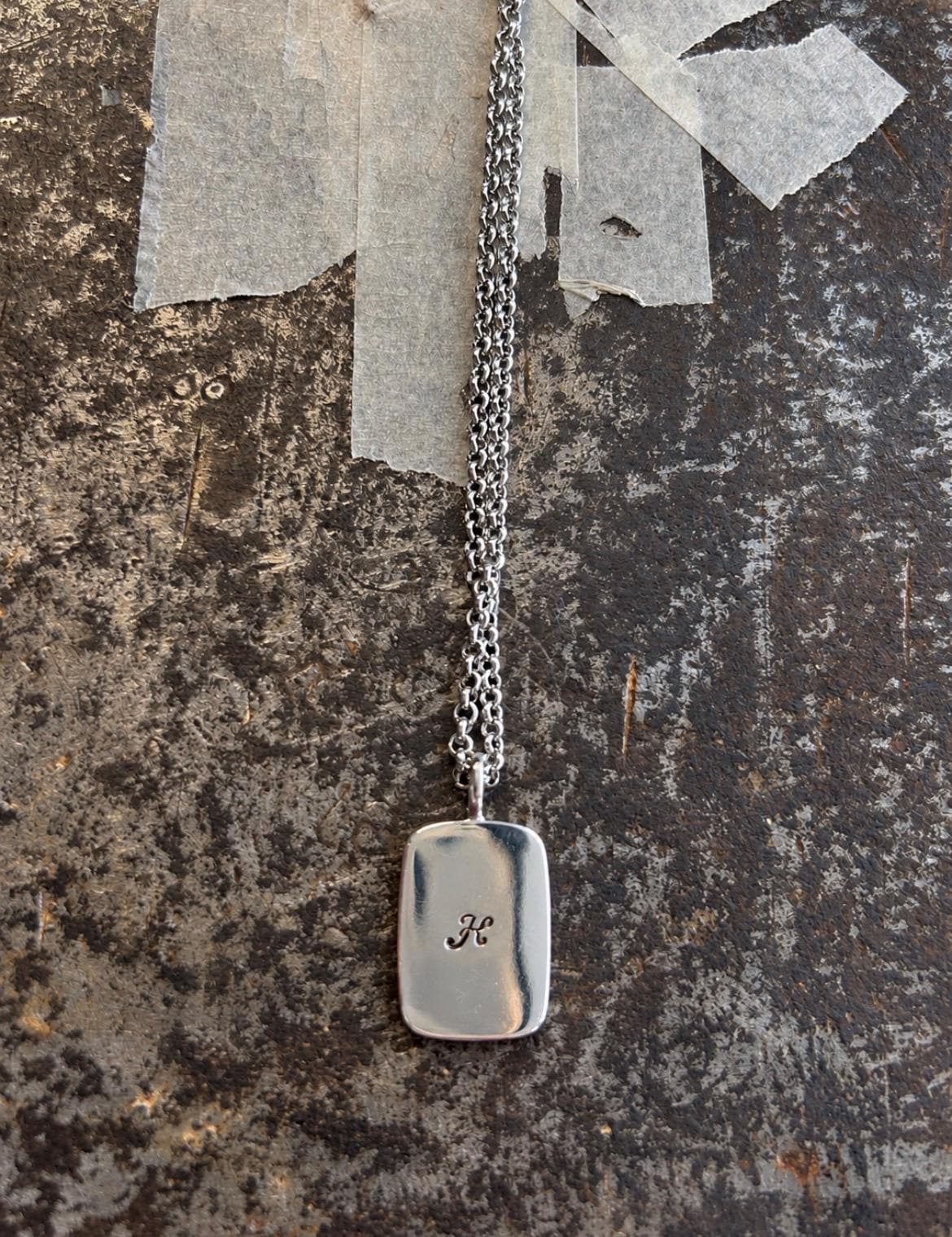 Hand-Stamped Sterling Silver Initial Dog Tag Pendant, Stainless Steel Chain, photograph 4