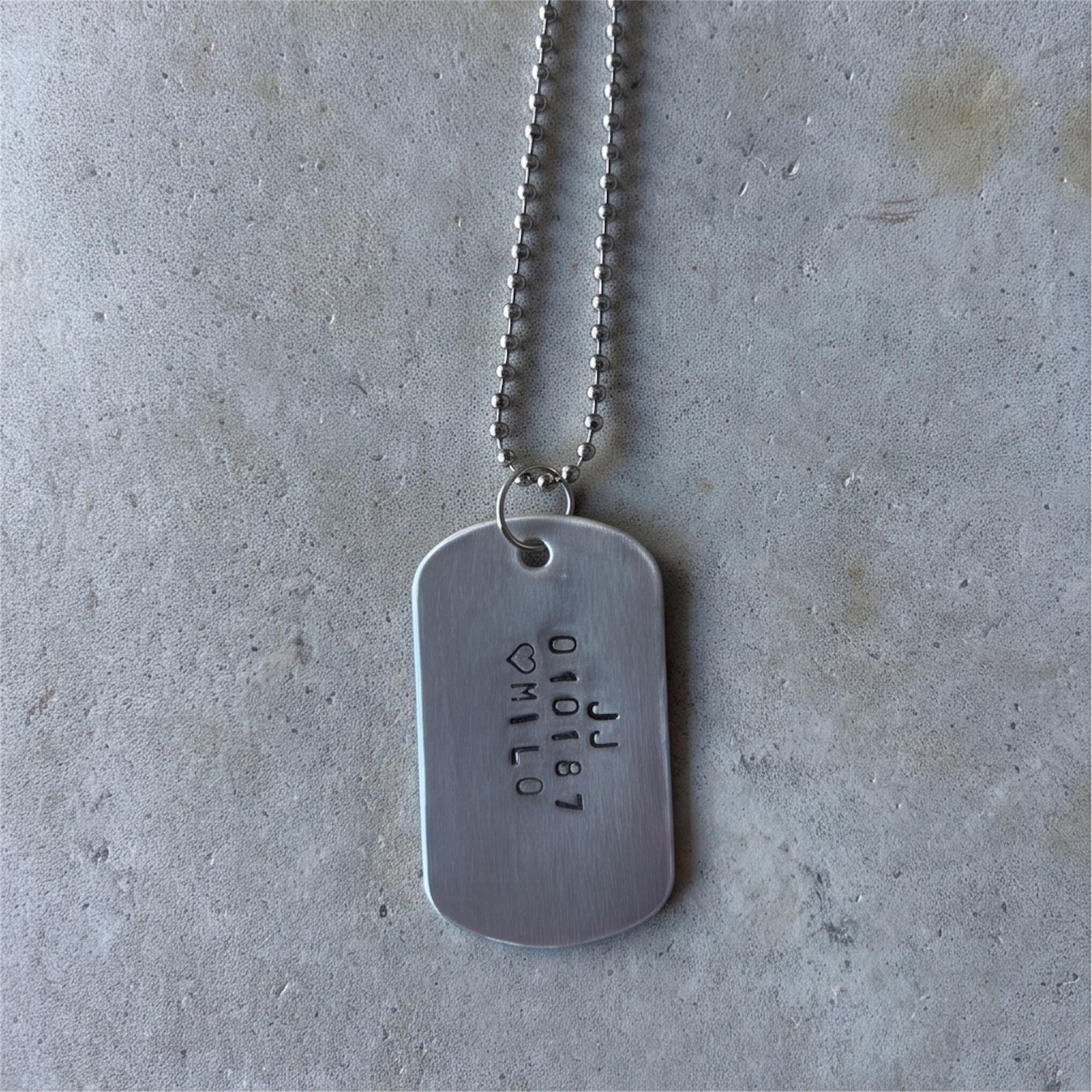 Custom Hand Stamped Dog Tag Necklace - Personalised Name, Date, Symbol, Handmade Aluminium Pendant, photograph 8