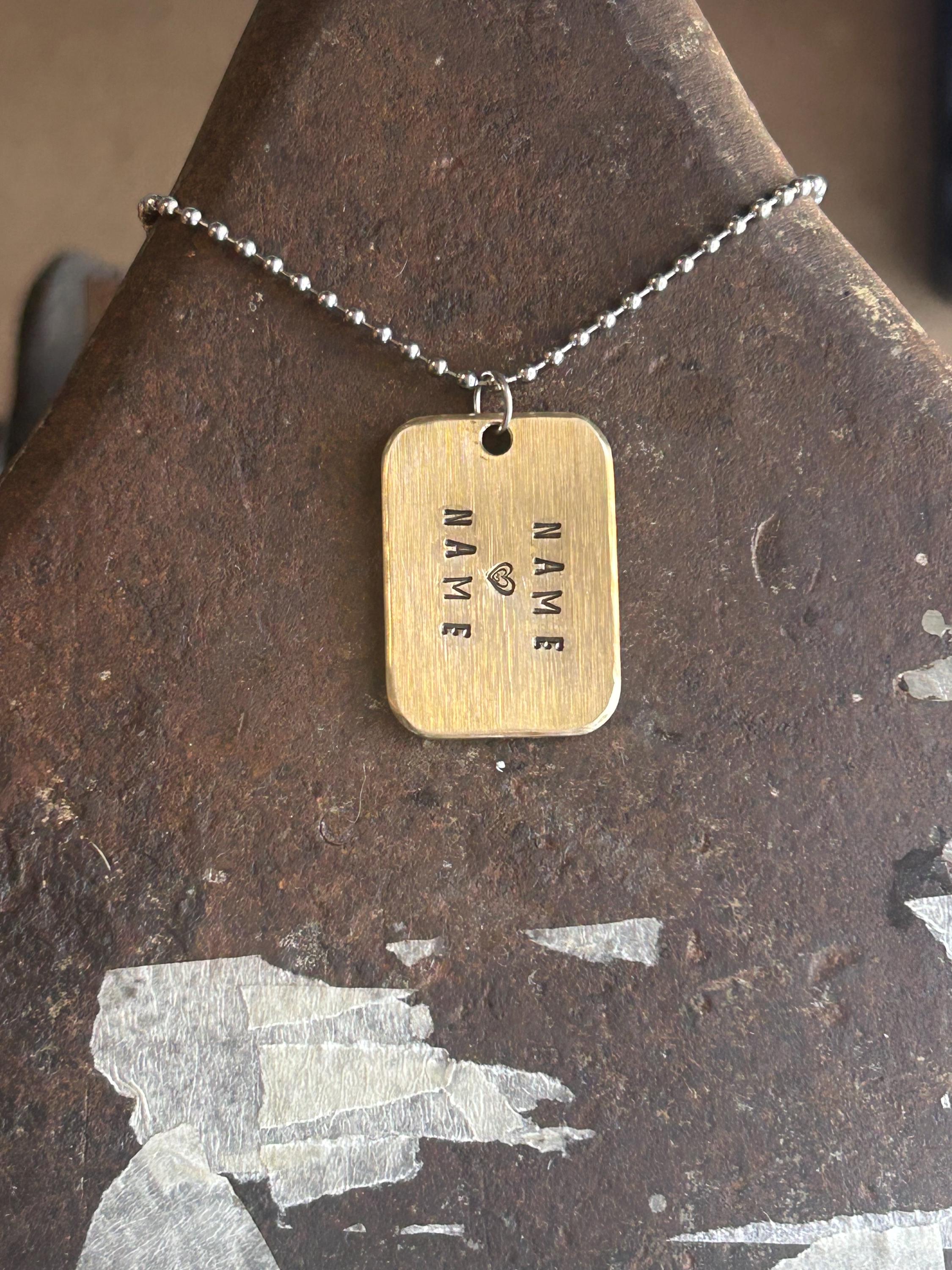 Old Skool Love Mini Tag Necklace, Personalised Couples Names, Worn Brass Pendant, Anniversary Gift, photograph 1