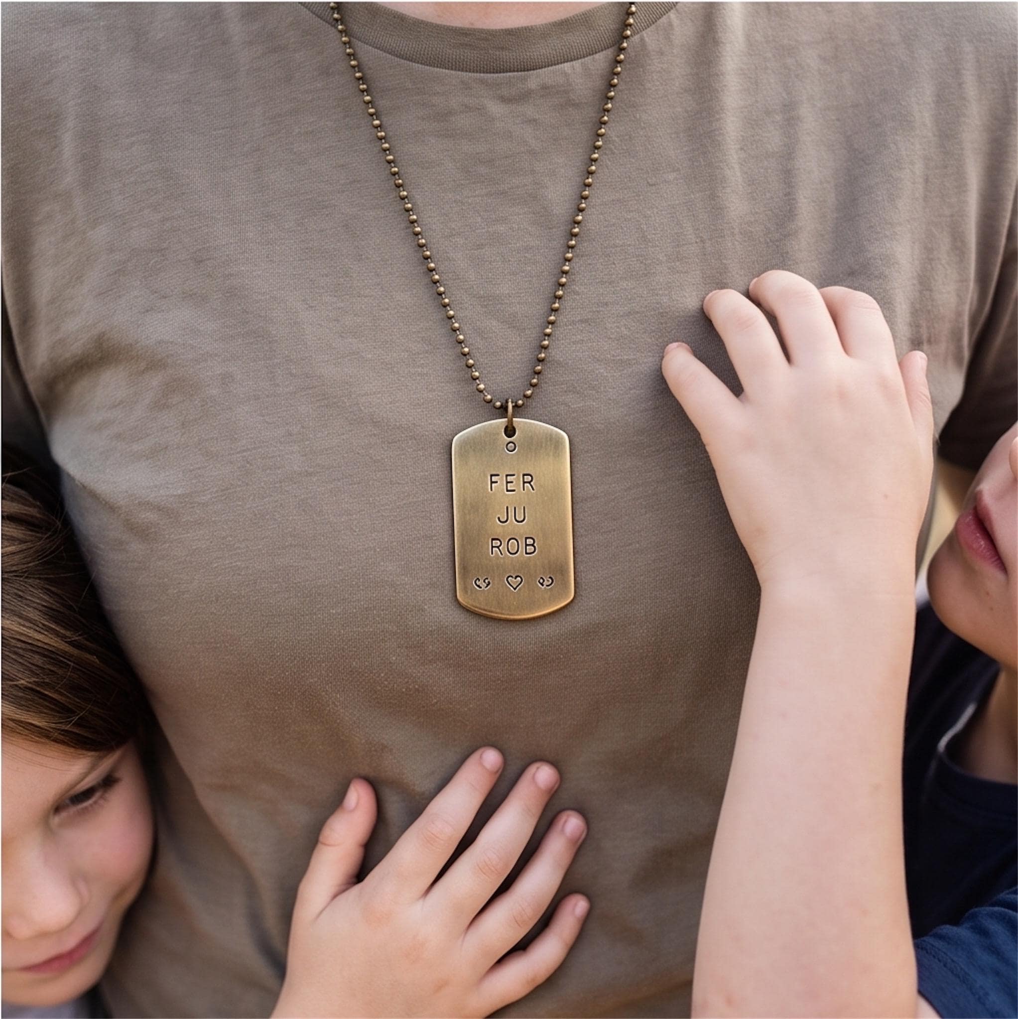Quality Thick Hand Stamped Dog Tag Pendant – Personalized Name, Date, Symbol (Copper, Brass, Silver) Aged Antique Finish, photograph 2