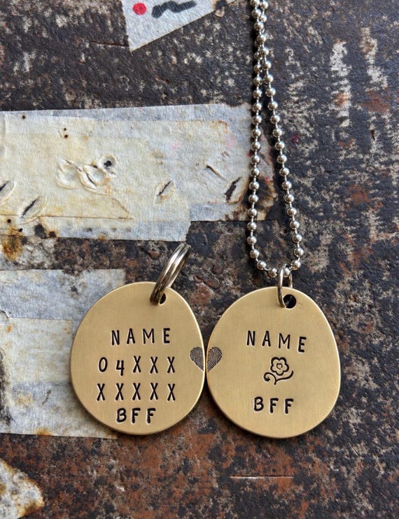 Dog and Owner Matching Necklace Set, Brass Pebble Pet ID Tag with Phone Number, photograph 1