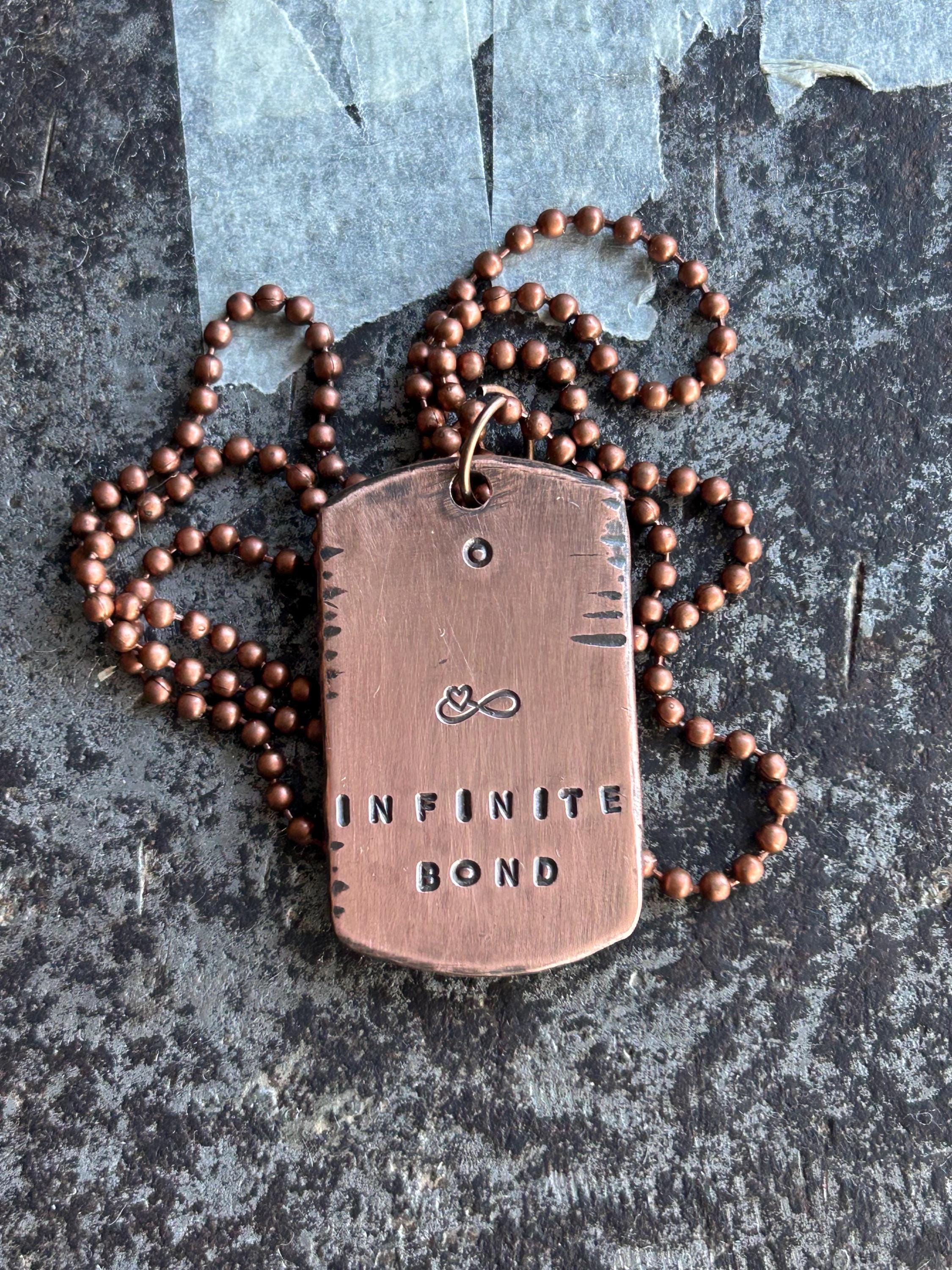 Infinite Bond Hand Stamped Dog Tag Necklace, Reiki Charged Copper Brass Silver Pendant, Connection Gift, photograph 5