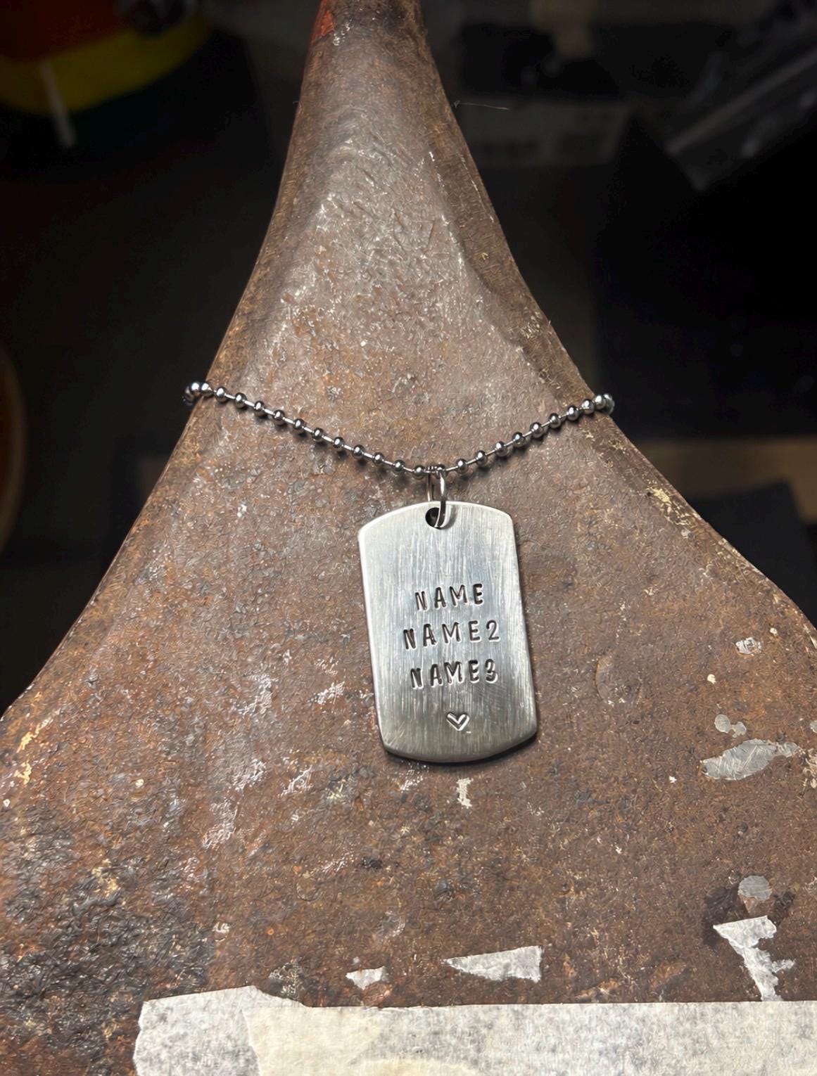 Quality Thick Hand Stamped Dog Tag Pendant – Personalized Name, Date, Symbol (Copper, Brass, Silver) Aged Antique Finish, photograph 5