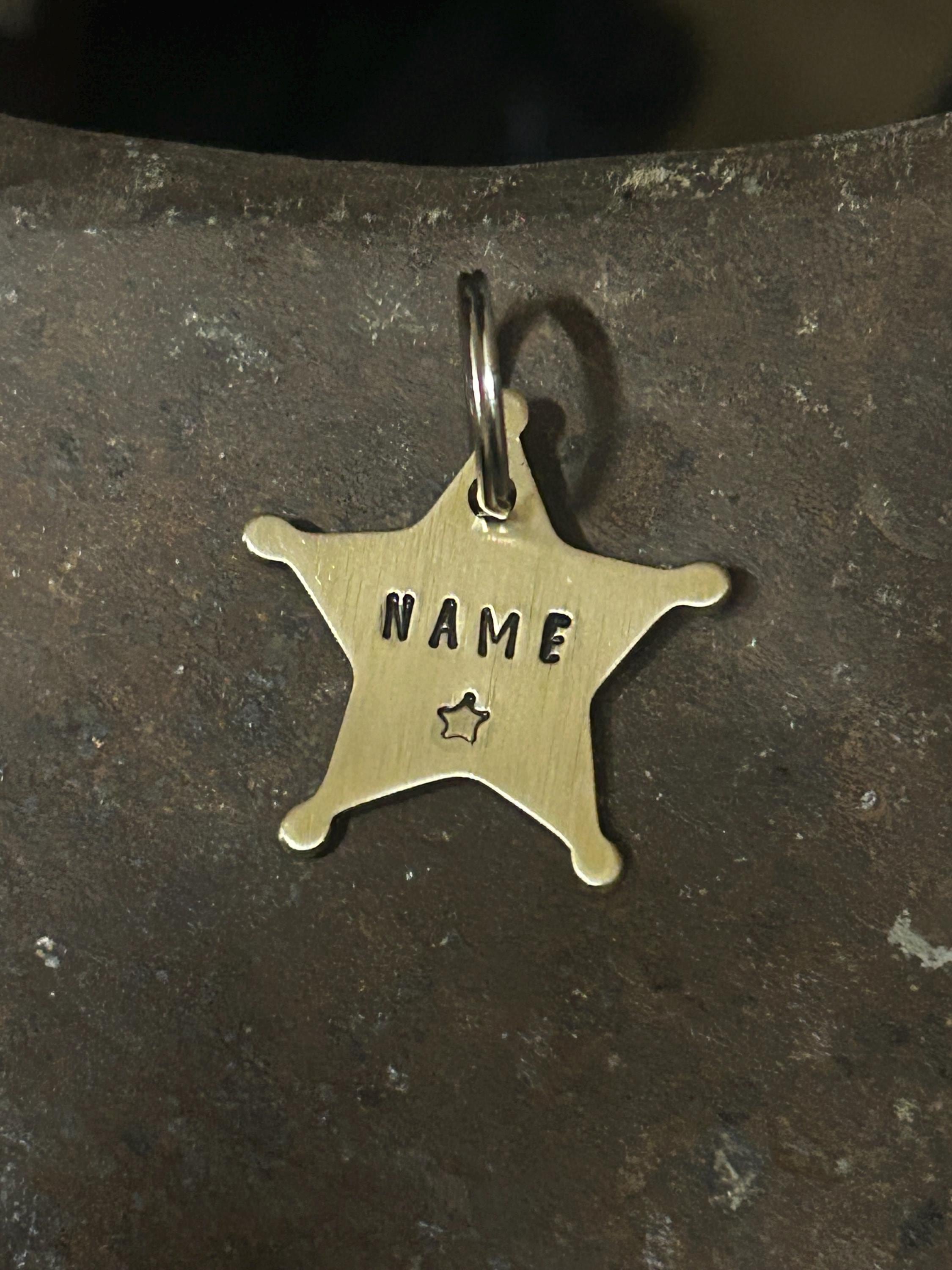 PREMIUM Hand-Stamped Brass Sheriff's Star Pet ID Tag, Western Style Dog Cat Nameplate, photograph 2