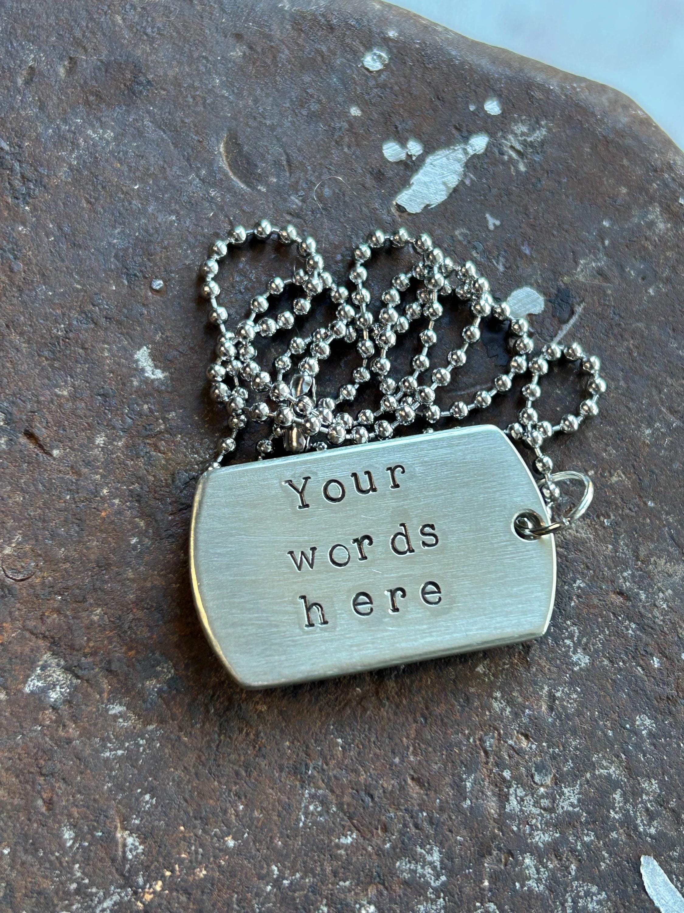 Thick, Quality Custom Hand-Stamped Dog Tag Necklace – Natural Finish Brass or Silver Cupronickel, Choose Font & Stamp, photograph 1