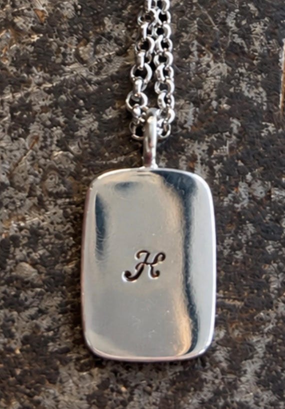 Hand-Stamped Sterling Silver Initial Dog Tag Pendant, Stainless Steel Chain, photograph 1