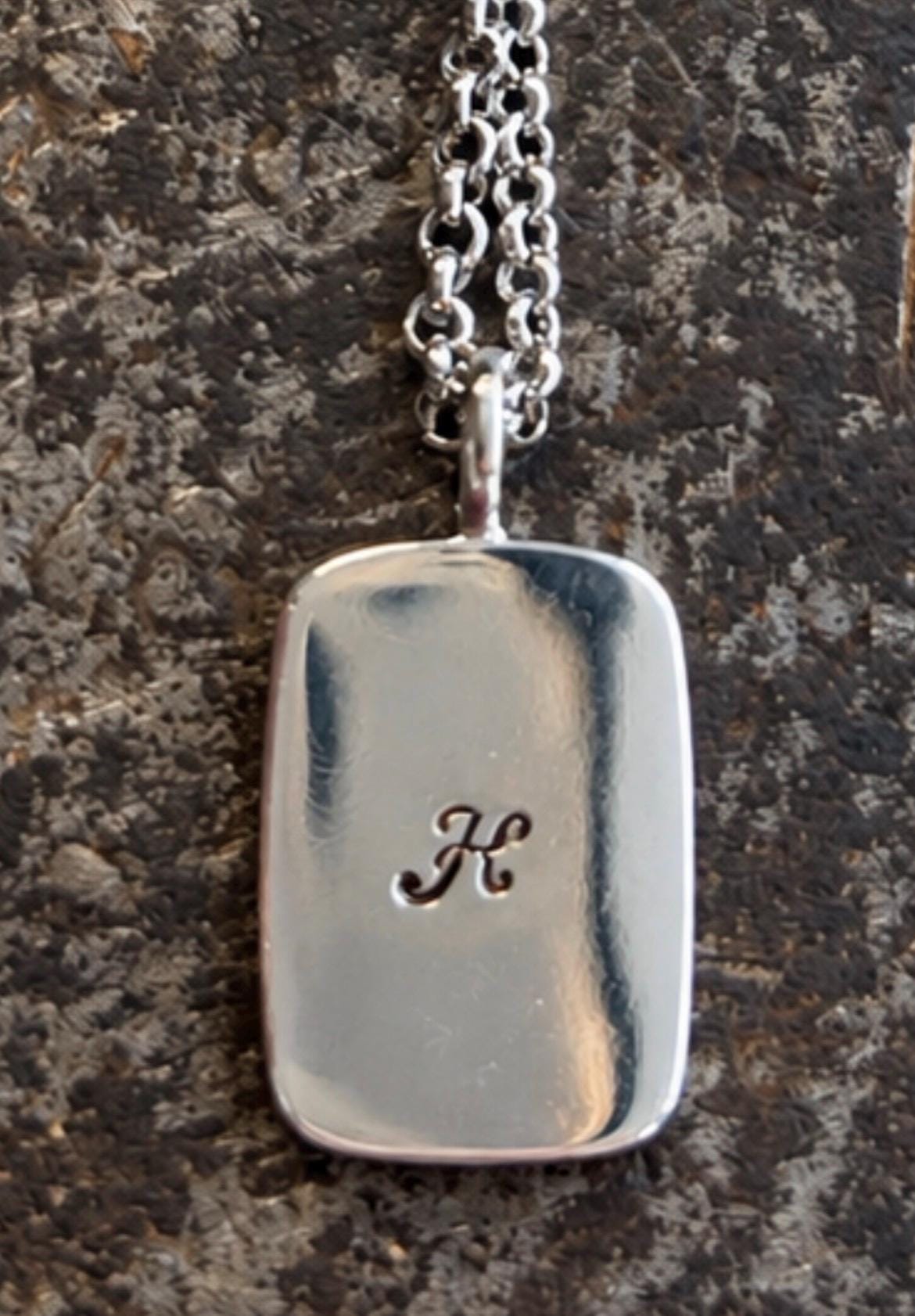 Hand-Stamped Sterling Silver Initial Dog Tag Pendant, Stainless Steel Chain, photograph 1