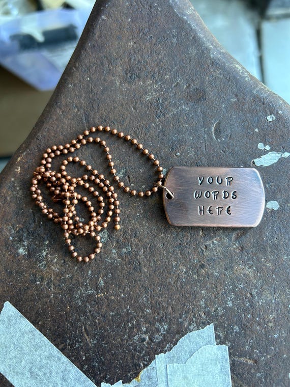 Personalised Hand Stamped Dog tag necklace - Custom Hand stamped - Copper, Brass or Silver - Design your own Necklace - Aged look - Names, photograph 1