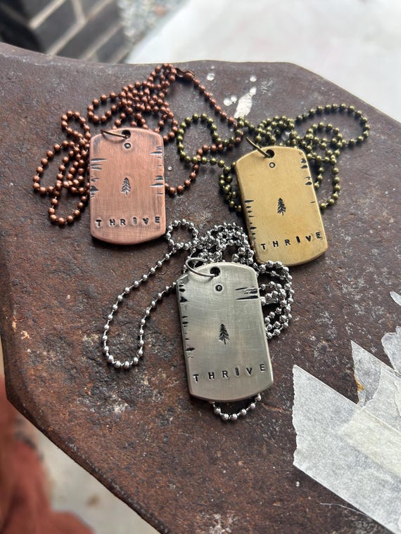 Hand Stamped Thrive Tree Necklace, Reiki Charged Copper Brass Silver Pendant, Personal Growth Gift, photograph 1