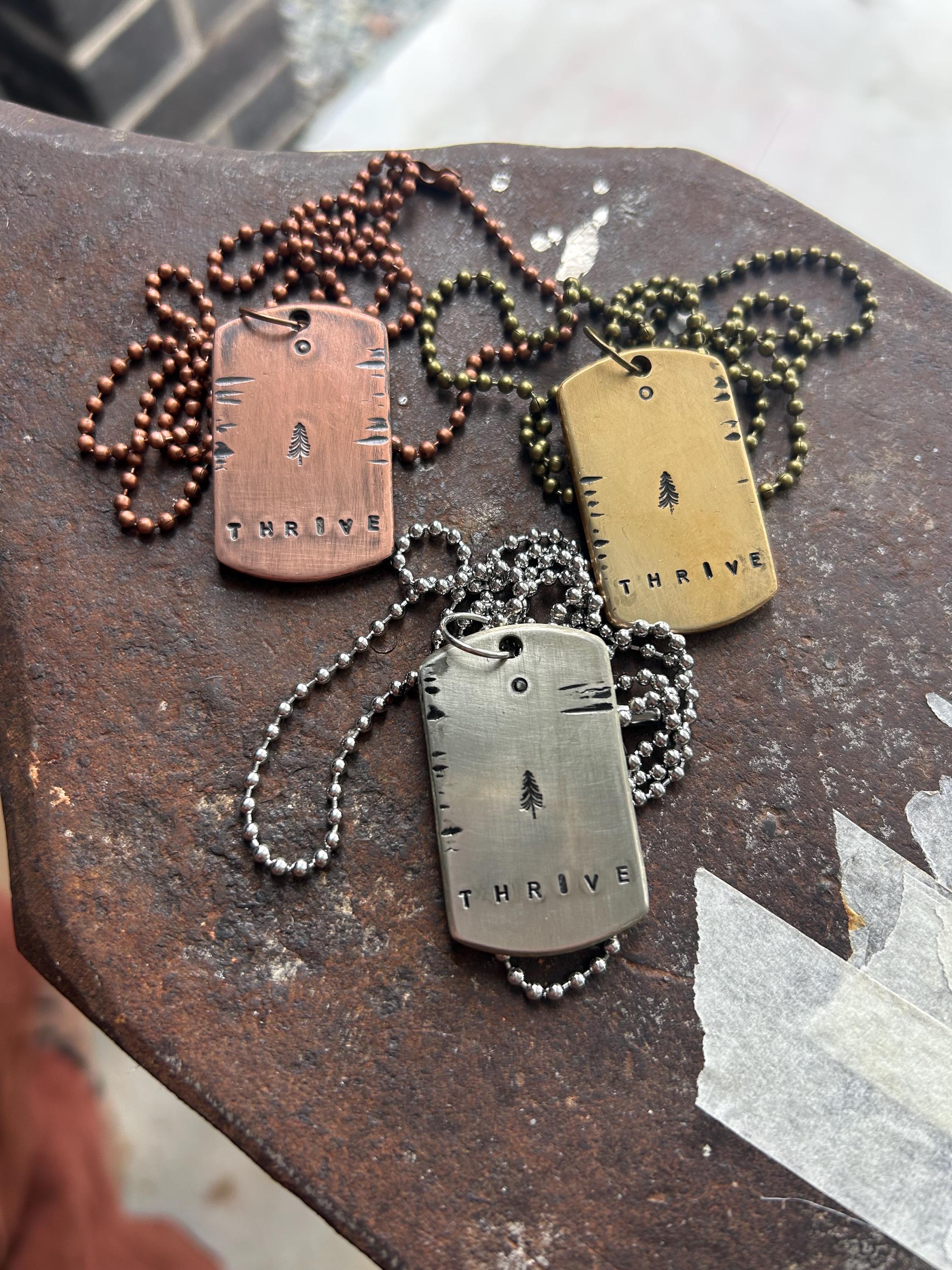 Hand Stamped Thrive Tree Necklace, Reiki Charged Copper Brass Silver Pendant, Personal Growth Gift, photograph 1
