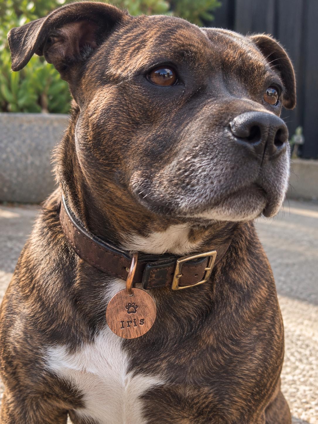 Hand Stamped Copper Pet ID Tag – Antique Finish, Personalized Name & Phone Number, photograph 3