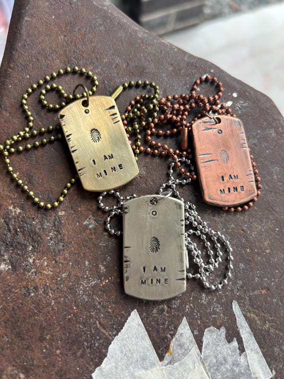 I Am Mine Hand stamped Dog Tag Necklace, Reiki Charged Copper Brass Silver Pendant, Self Love Gift, photograph 1