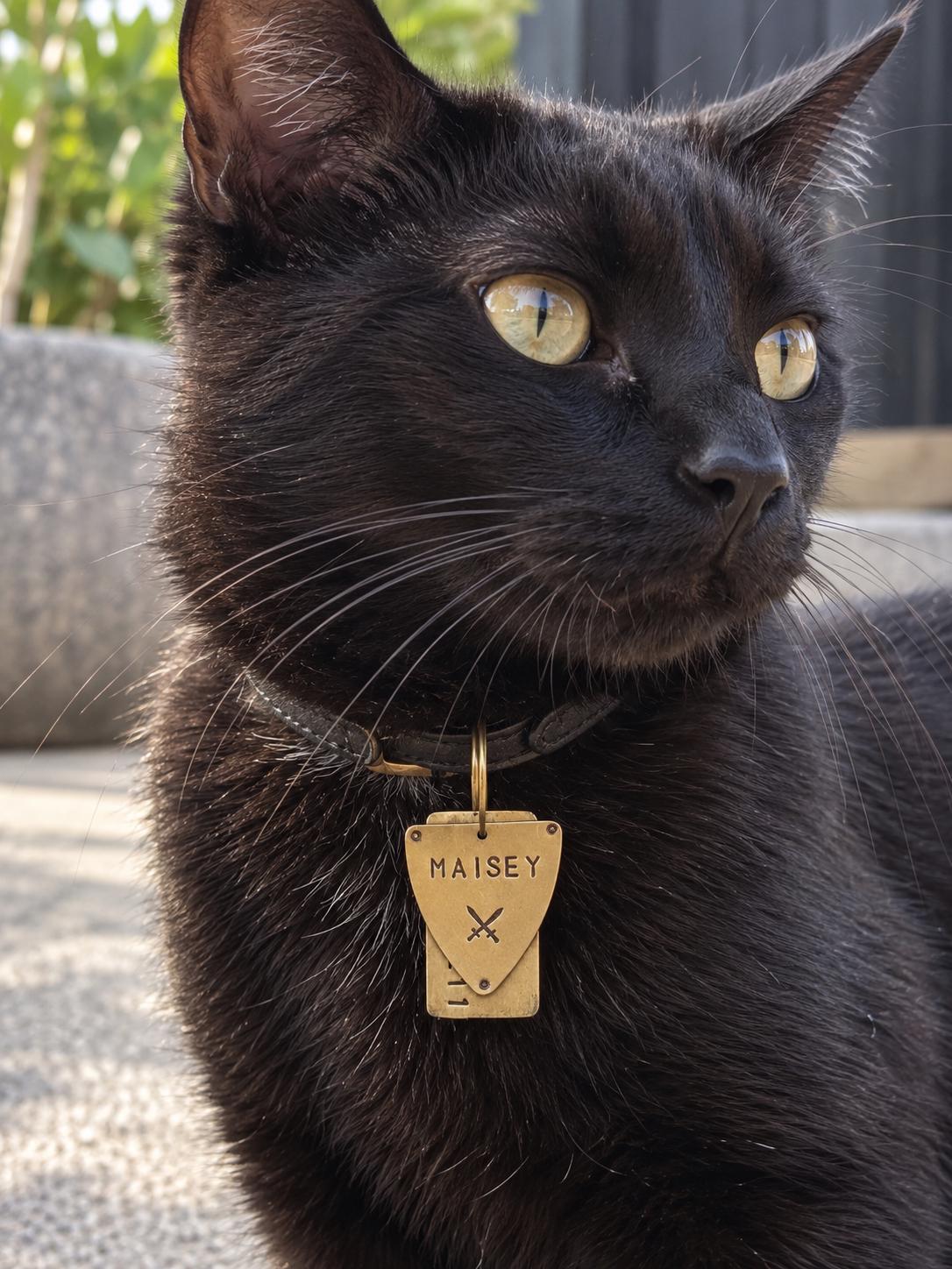 Hand-Stamped Brass Pet ID Tag, Medieval Shield, Custom Name & Phone Number (Dog or Cat), photograph 1