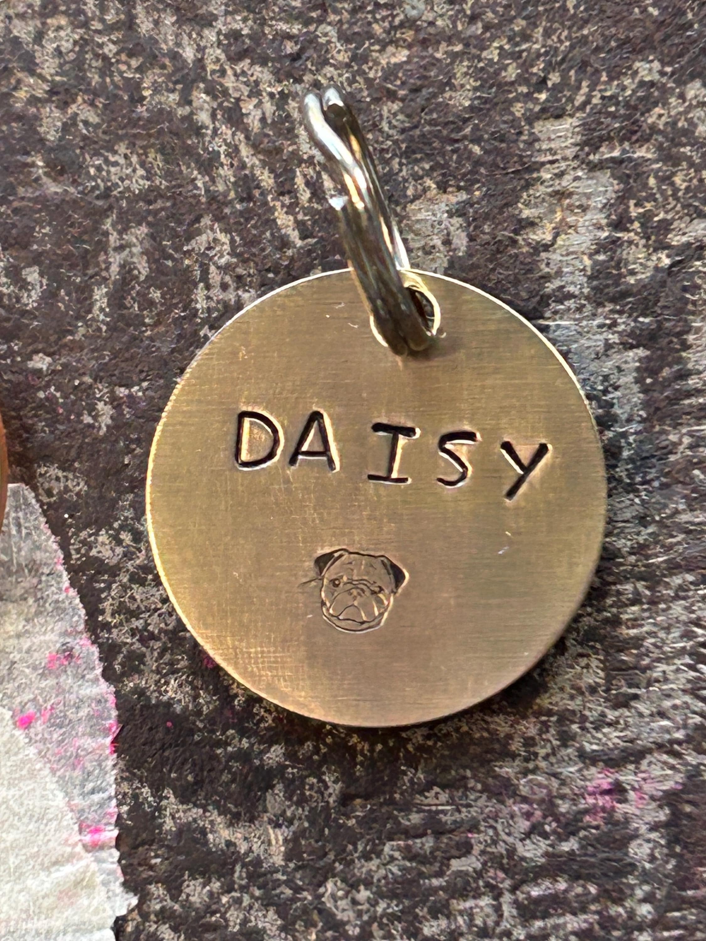 PREMIUM Hand Stamped Pet ID Tag, Custom Name & Picture, Copper or Brass (25mm), photograph 2