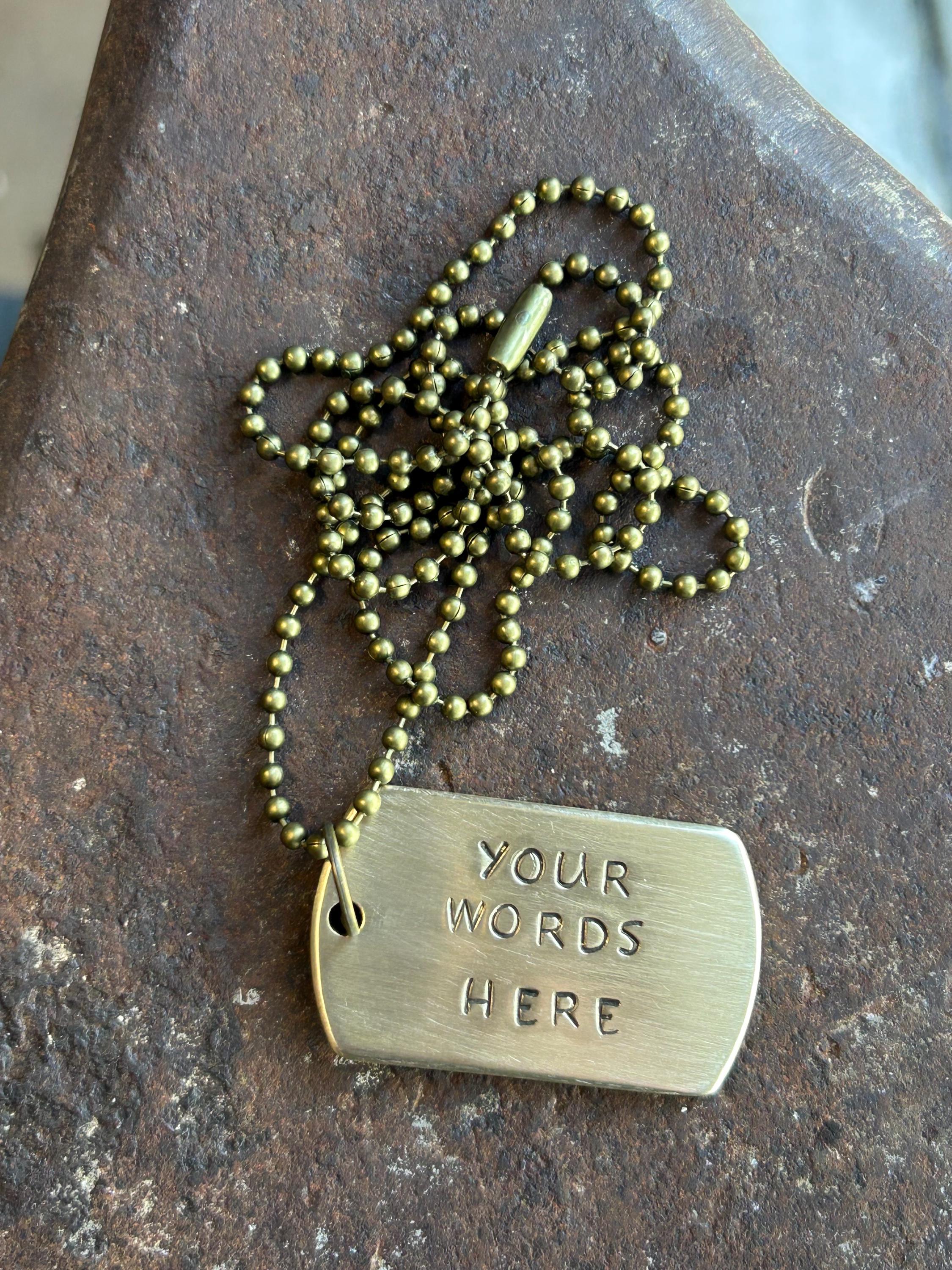 Thick, Quality Custom Hand-Stamped Dog Tag Necklace – Natural Finish Brass or Silver Cupronickel, Choose Font & Stamp, photograph 2