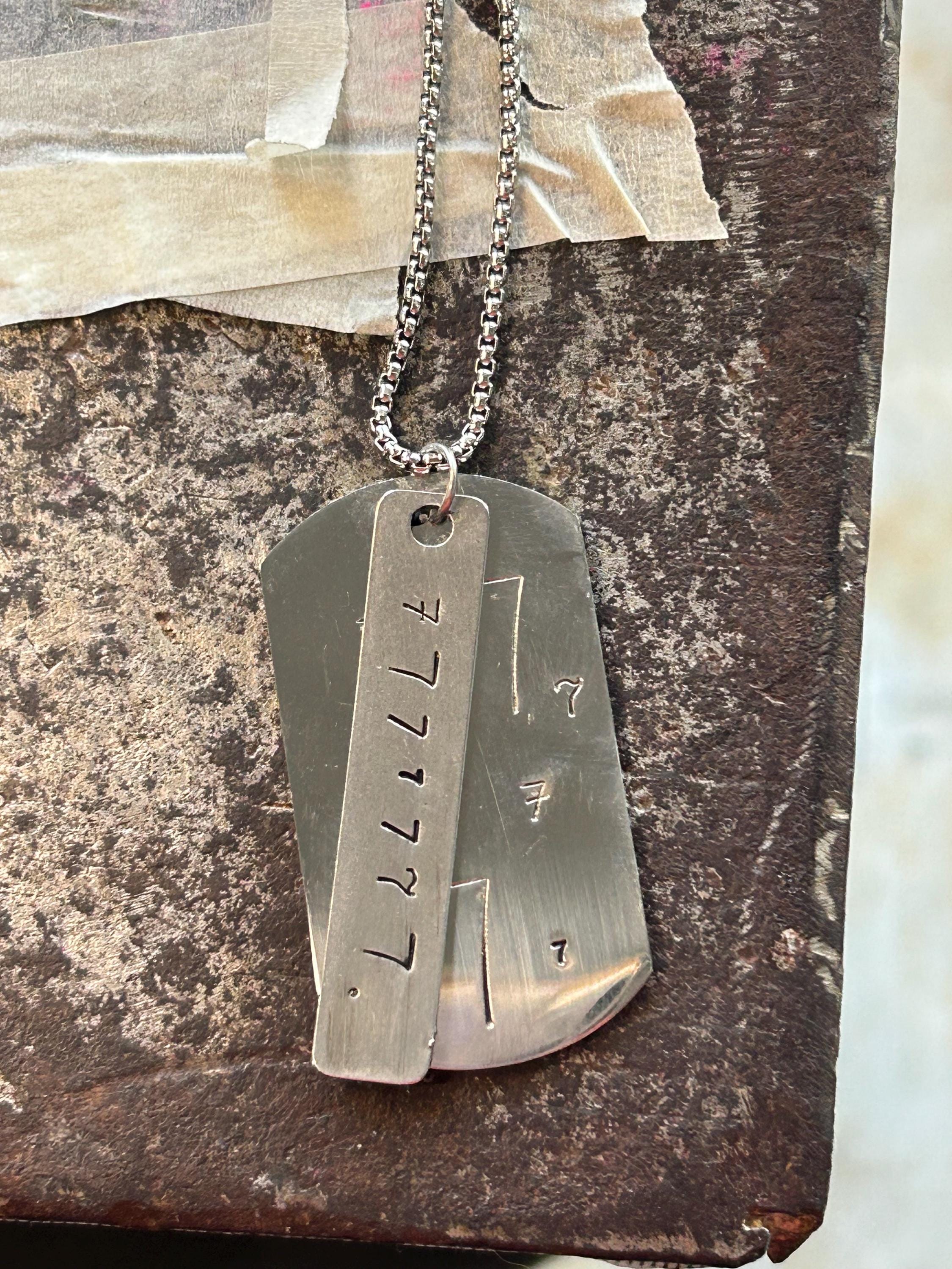 Custom Stainless Steel Dog Tag Necklace, Hand-Stamped Number Pendant (Personalized), photograph 3