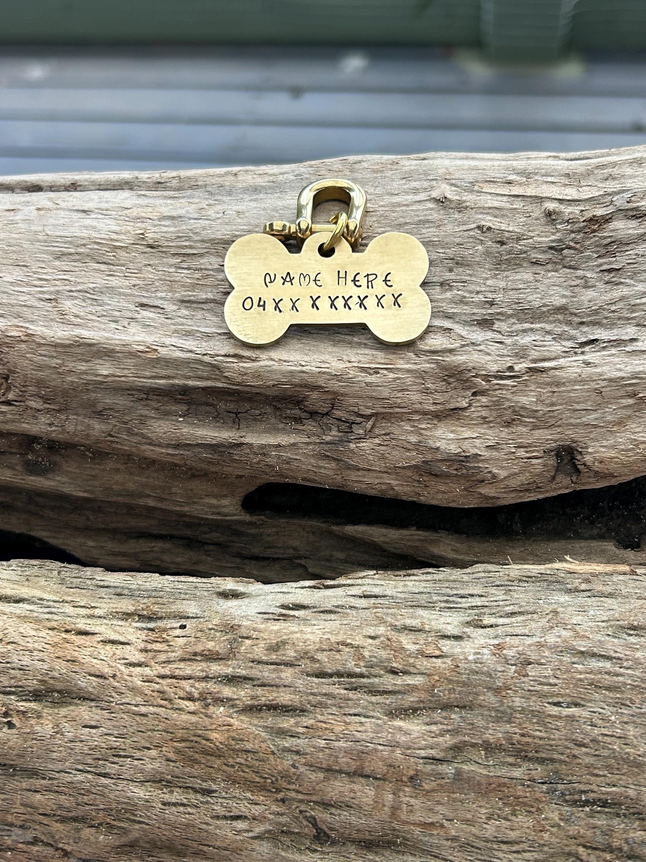 Bone Shaped Brass Dog Tag, Hand Stamped Pet ID with Name and Phone Number, photograph 5