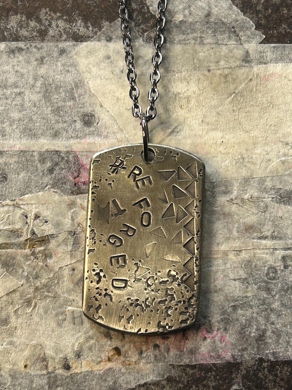 REFORGED Anvil Dog Tag Necklace, Reiki Charged Copper Brass Silver Pendant, Burnout Recovery Gift, Starting Over, photograph 1
