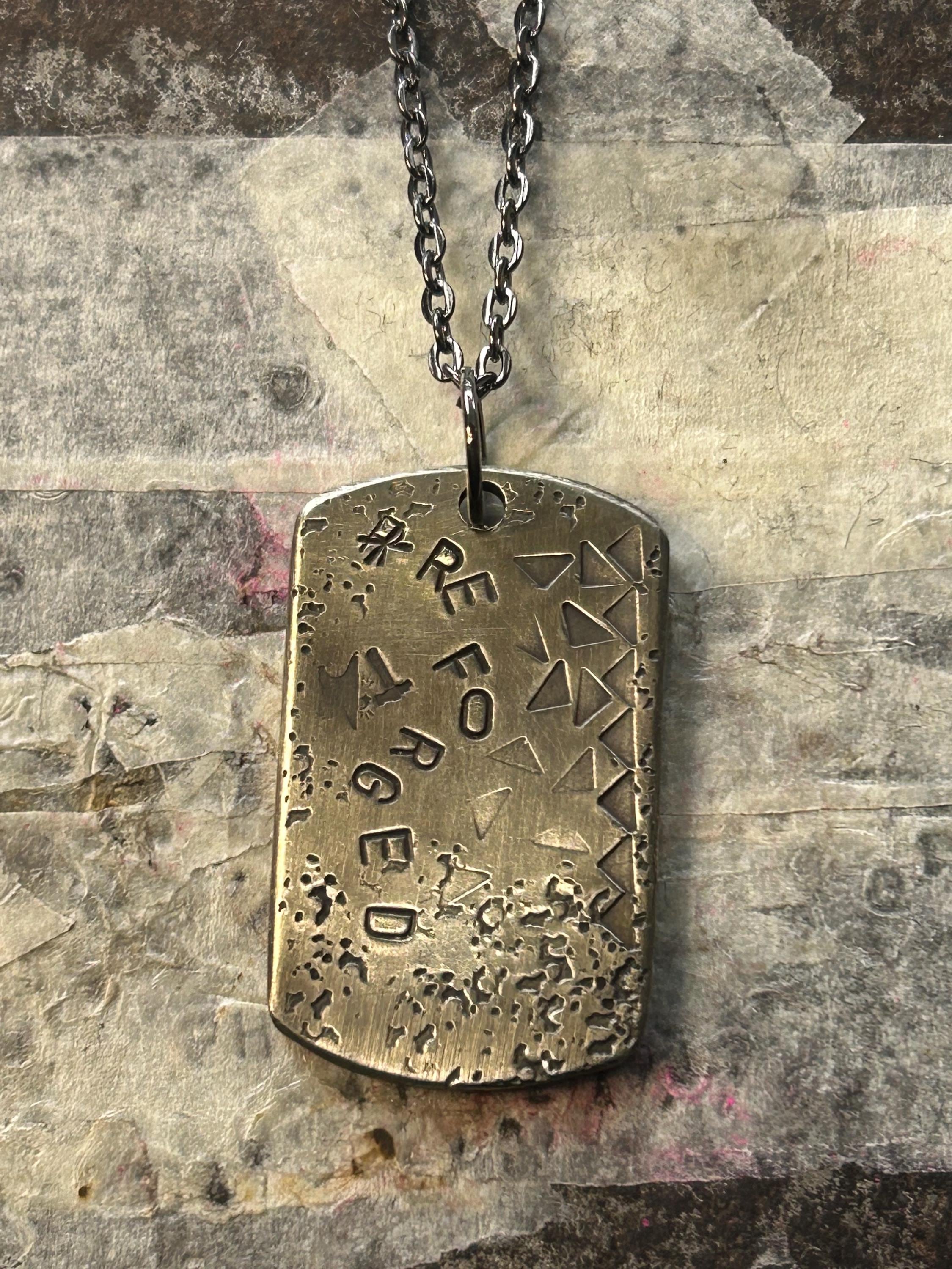 REFORGED Anvil Dog Tag Necklace, Reiki Charged Copper Brass Silver Pendant, Burnout Recovery Gift, Starting Over, photograph 1