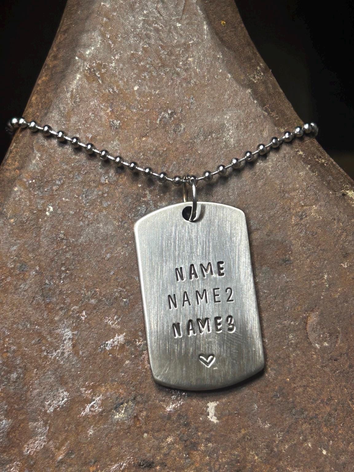 Quality Thick Hand Stamped Dog Tag Pendant – Personalized Name, Date, Symbol (Copper, Brass, Silver) Aged Antique Finish, photograph 1