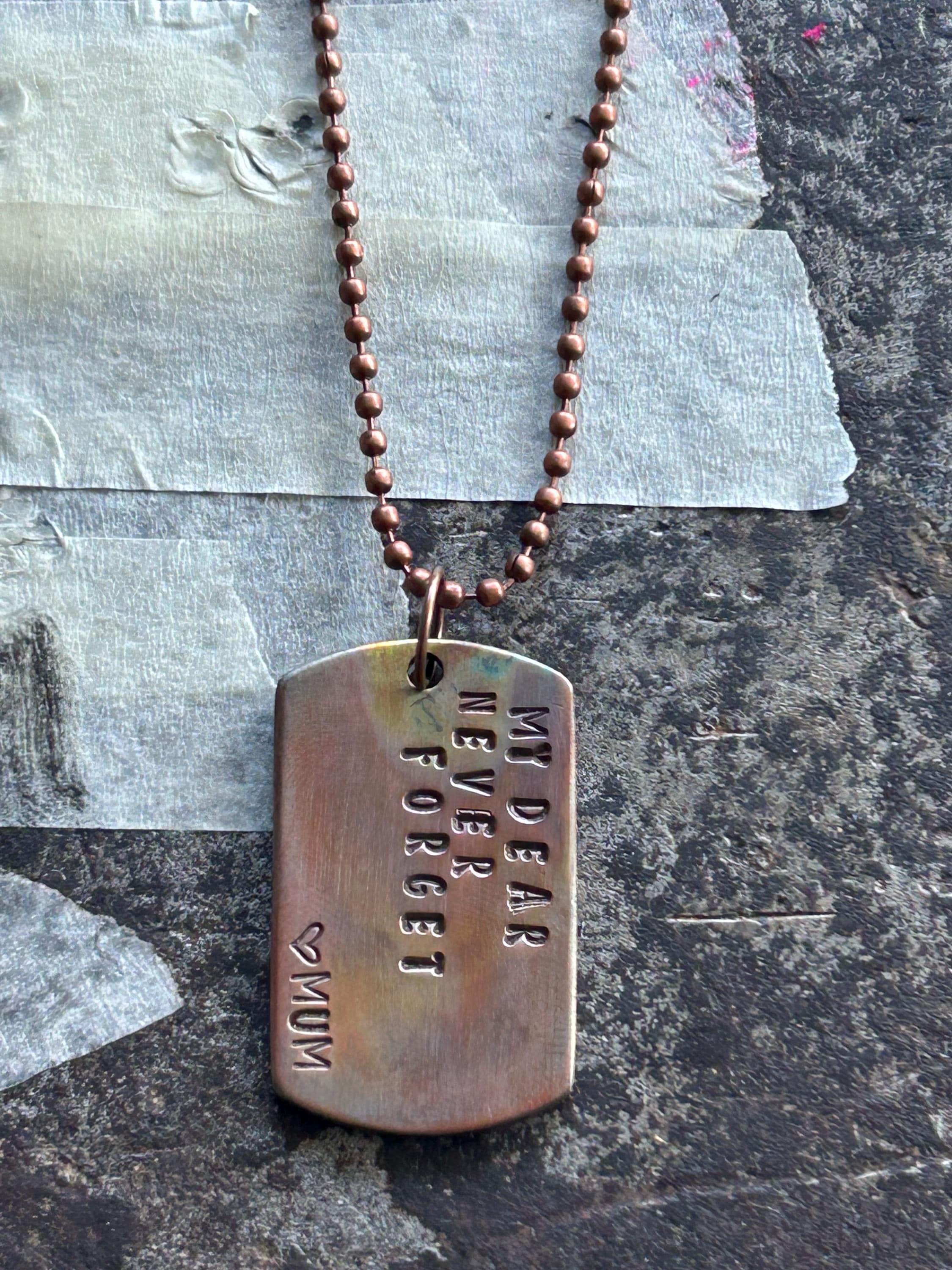 Personalised Copper Dog Tag Necklace, Rainbow Fire Patina, Custom Hand Stamped Message, Antique Copper Ball Chain, photograph 2