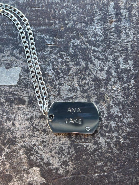 Hand Stamped Sterling Silver Dog Tag Necklace, Personalized Names, Heart Detail, photograph 1