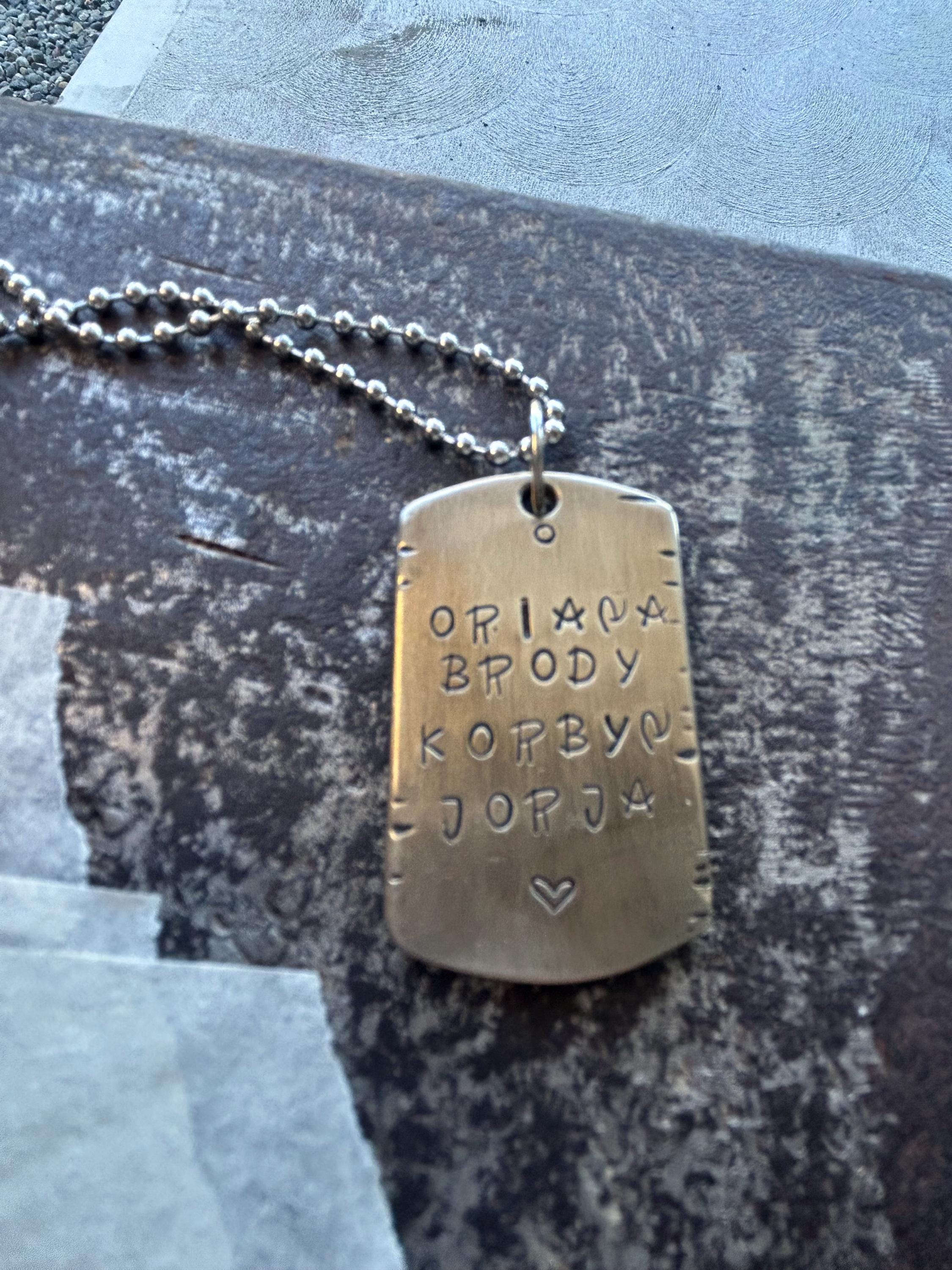 Thick Quality Hand Stamped Dog Tag Necklace – Personalized Name Pendant (Copper, Brass, Silver) - Antique Aged Finish, photograph 6